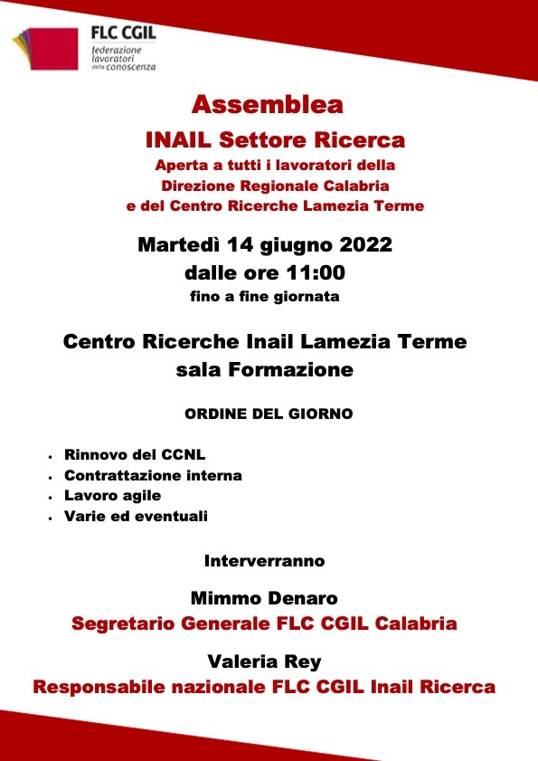 Locandina Assemblea FLC CGIL INAIL Ricerca 14 giugno 2022-2